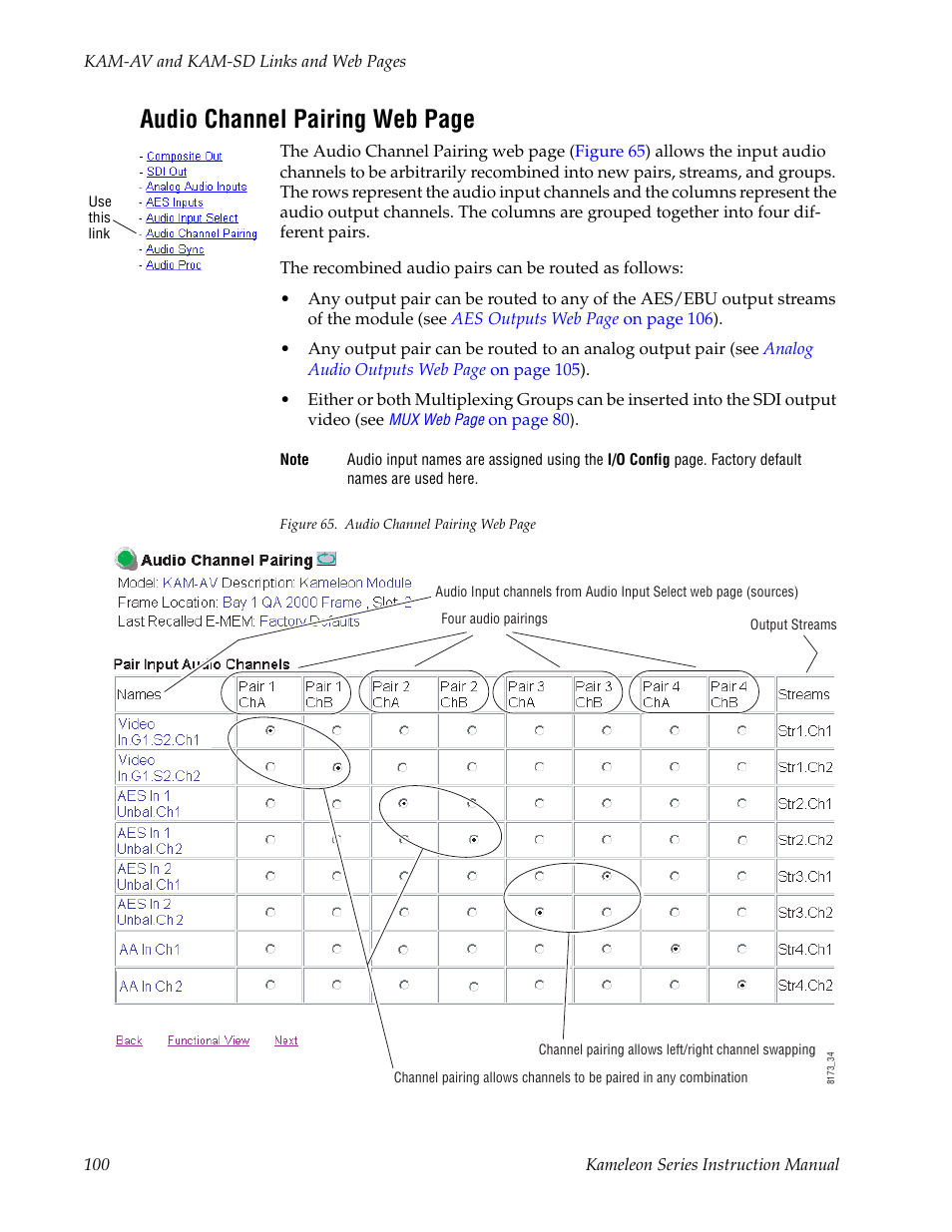 Audio channel pairing web page | Grass Valley Kameleon Series v.5.1.0 User Manual | Page 100 / 134