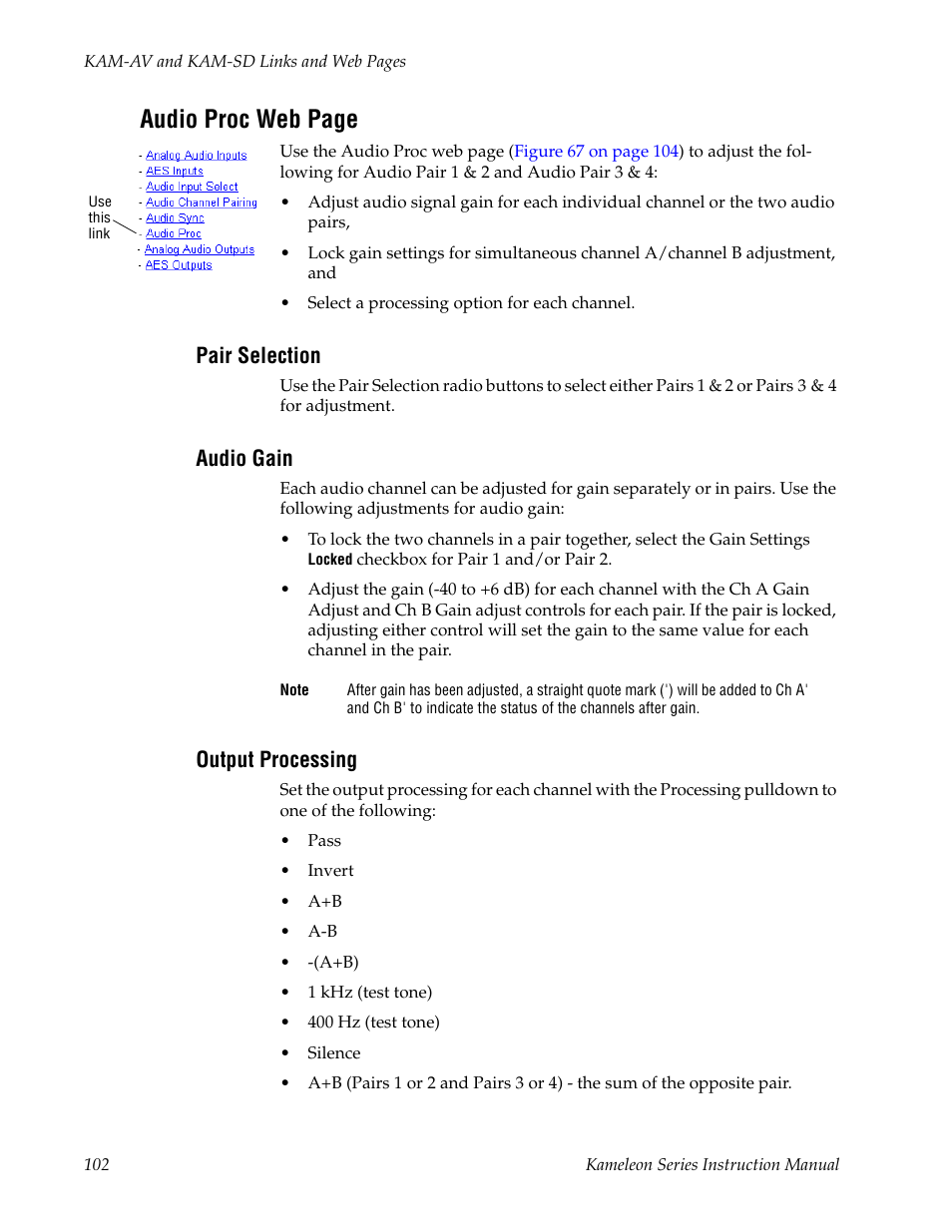 Pair selection, Audio gain, Output processing | Audio proc web page | Grass Valley Kameleon Series v.5.1.0 User Manual | Page 102 / 134
