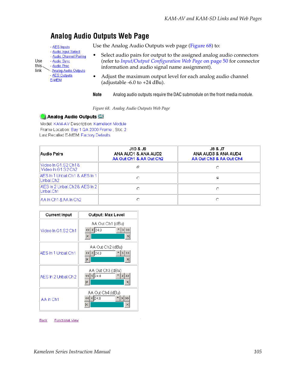 Analog, Analog audio outputs web page | Grass Valley Kameleon Series v.5.1.0 User Manual | Page 105 / 134
