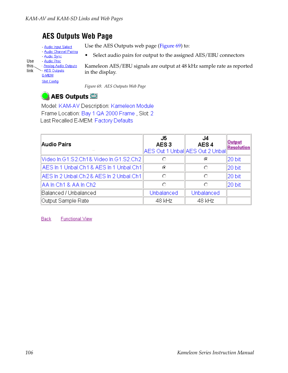 Aes outputs web page | Grass Valley Kameleon Series v.5.1.0 User Manual | Page 106 / 134