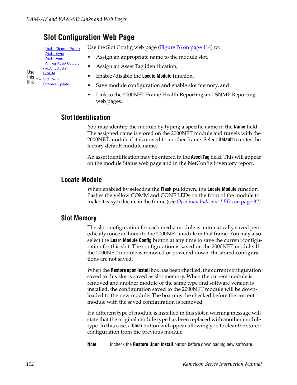 Slot identification, Locate module, Slot memory | 900 ms duration (see, Slot configuration web page | Grass Valley Kameleon Series v.5.1.0 User Manual | Page 112 / 134