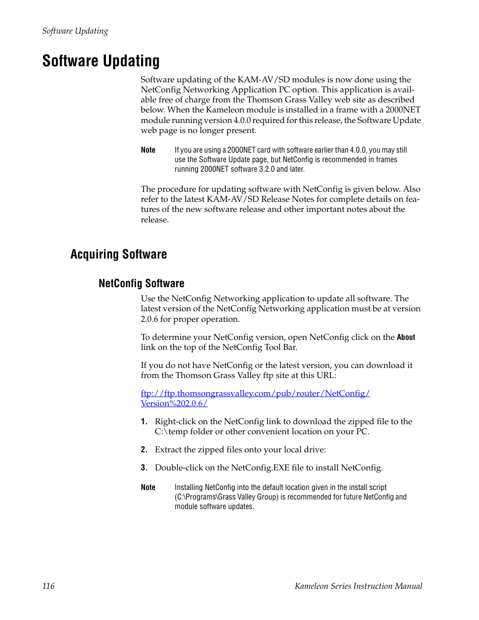 Software updating, Acquiring software, Netconfig software | Grass Valley Kameleon Series v.5.1.0 User Manual | Page 116 / 134