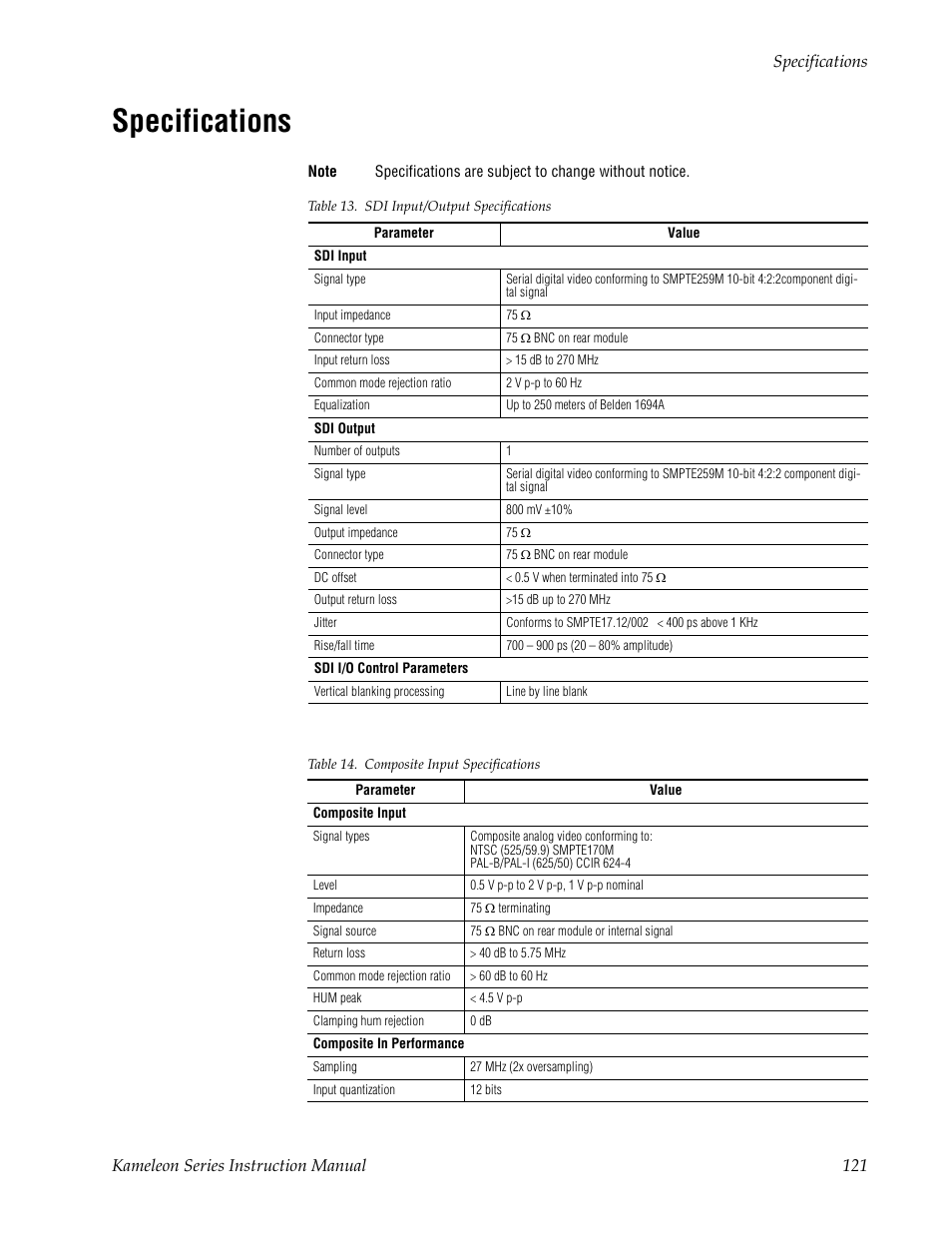 Specifications | Grass Valley Kameleon Series v.5.1.0 User Manual | Page 121 / 134