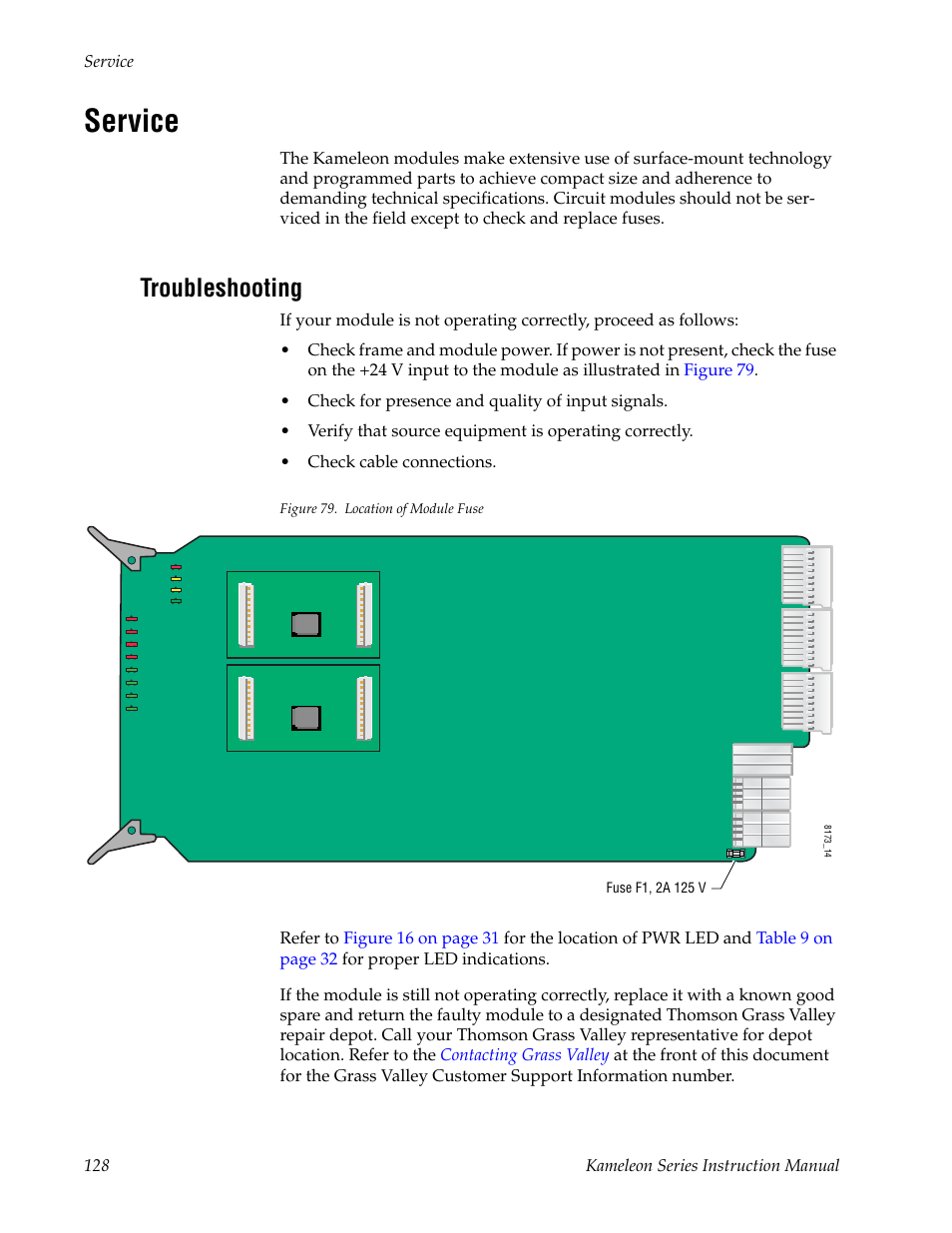 Service, Troubleshooting | Grass Valley Kameleon Series v.5.1.0 User Manual | Page 128 / 134