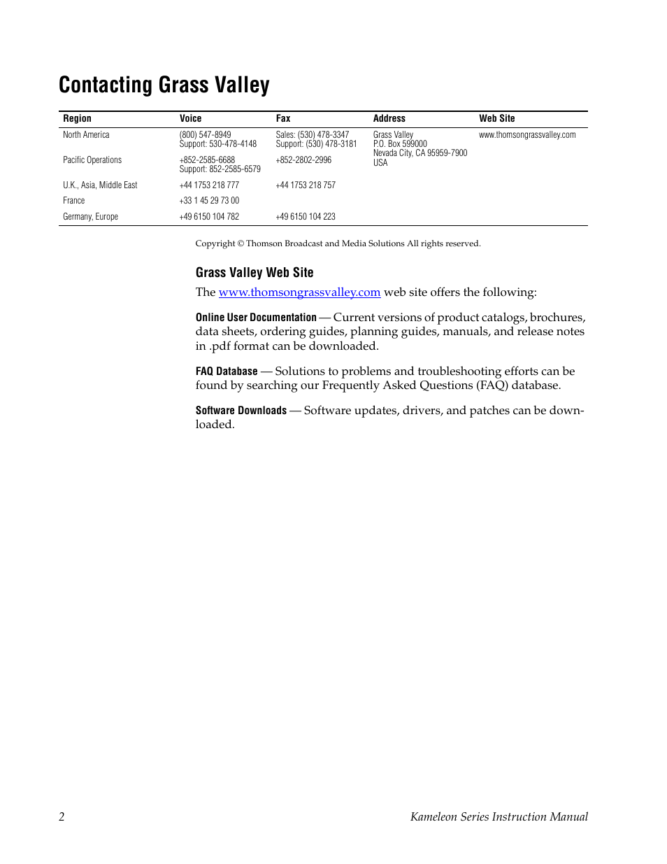 Contacting grass valley | Grass Valley Kameleon Series v.5.1.0 User Manual | Page 2 / 134