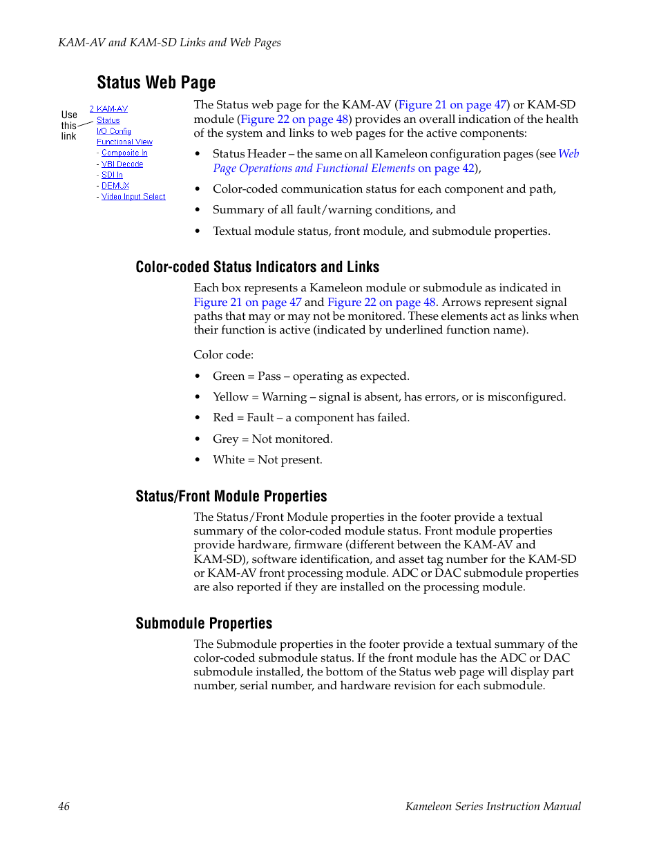 Color-coded status indicators and links, Status/front module properties, Submodule properties | Status web page | Grass Valley Kameleon Series v.5.1.0 User Manual | Page 46 / 134
