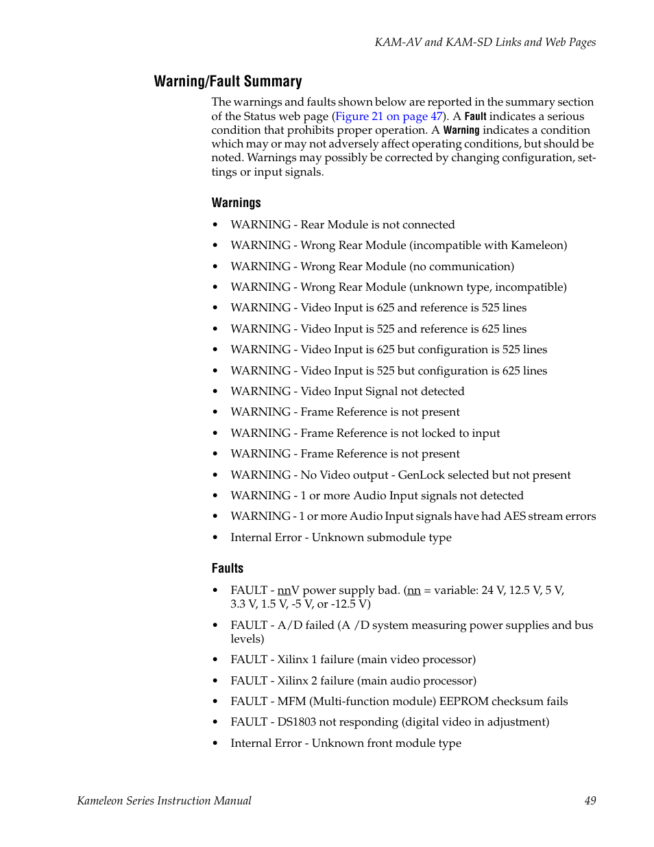 Warning/fault summary | Grass Valley Kameleon Series v.5.1.0 User Manual | Page 49 / 134