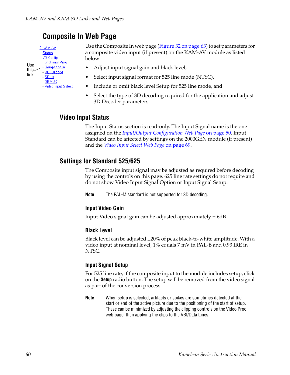 Video input status, Settings for standard 525/625, Composite in web page | Grass Valley Kameleon Series v.5.1.0 User Manual | Page 60 / 134