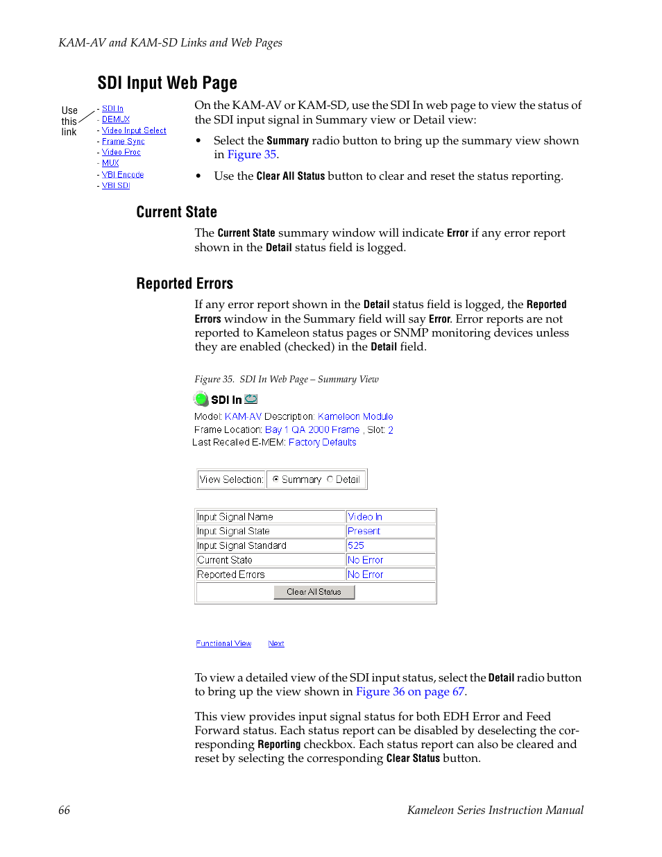 Current state, Reported errors, Sdi input web page | Grass Valley Kameleon Series v.5.1.0 User Manual | Page 66 / 134