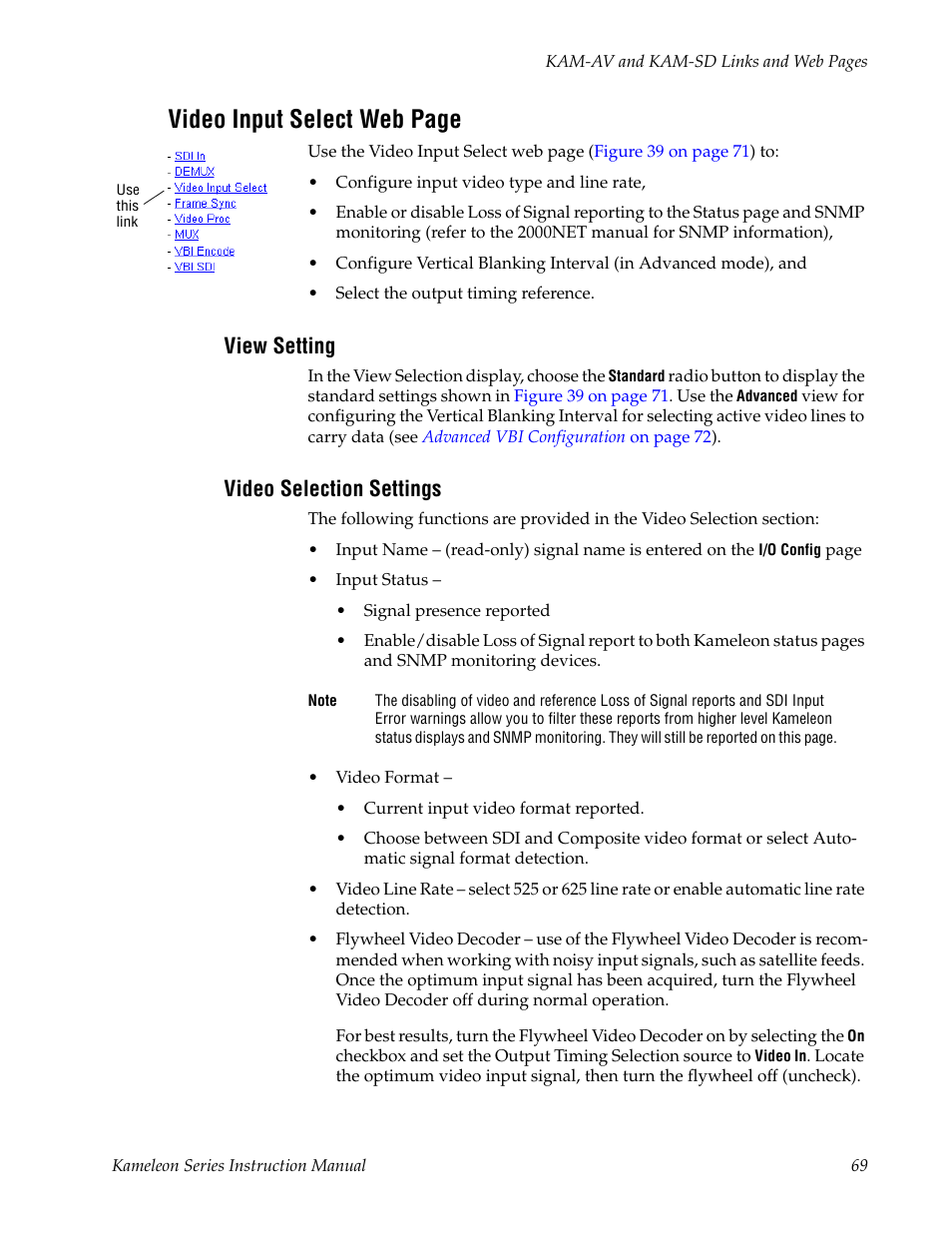 View setting, Video selection settings, Display | Video input select web page | Grass Valley Kameleon Series v.5.1.0 User Manual | Page 69 / 134