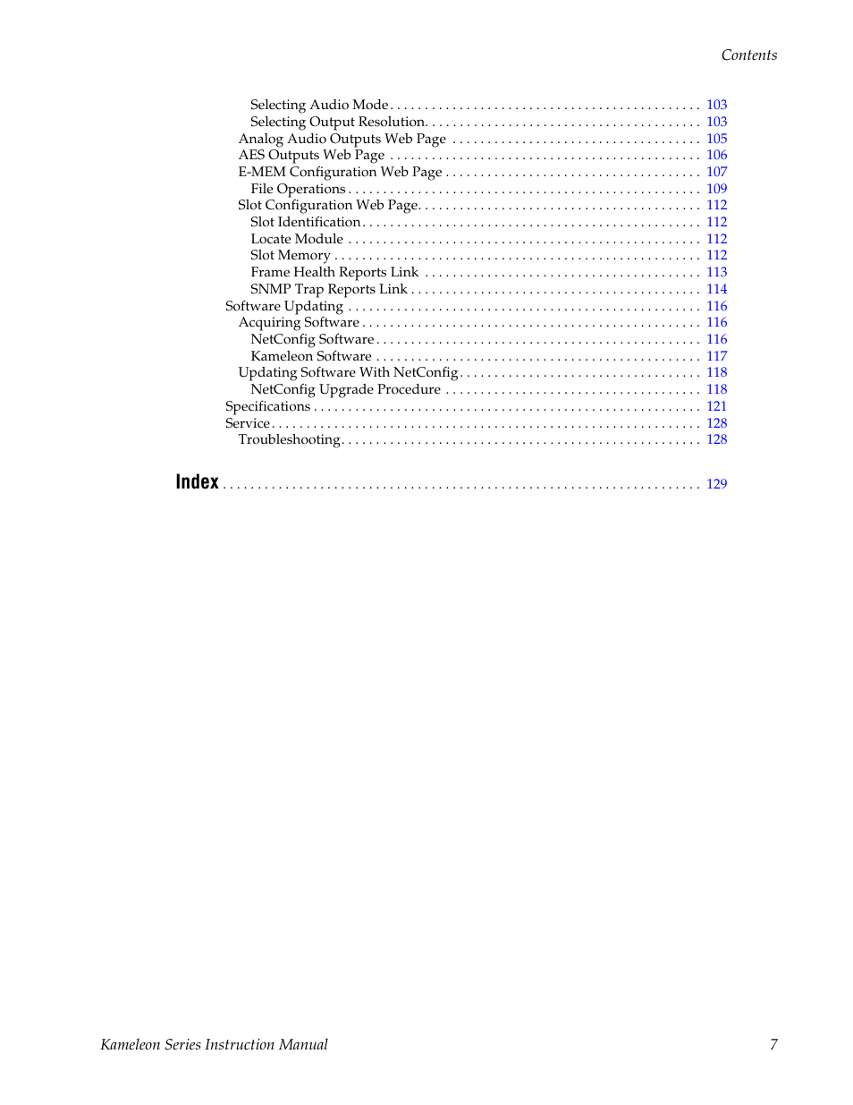 Index | Grass Valley Kameleon Series v.5.1.0 User Manual | Page 7 / 134
