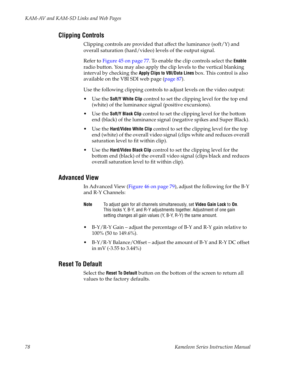 Clipping controls, Advanced view, Reset to default | Grass Valley Kameleon Series v.5.1.0 User Manual | Page 78 / 134