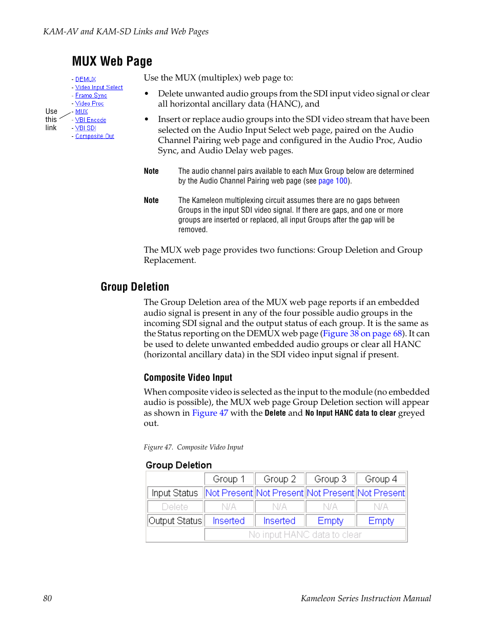 Group deletion, Go to the, Mux web page | Grass Valley Kameleon Series v.5.1.0 User Manual | Page 80 / 134