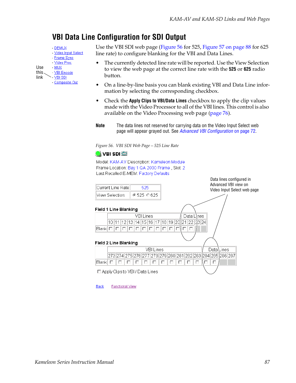 Vbi data line configuration for sdi output | Grass Valley Kameleon Series v.5.1.0 User Manual | Page 87 / 134