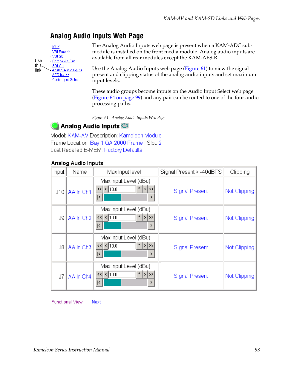 Analog audio inputs web page | Grass Valley Kameleon Series v.5.1.0 User Manual | Page 93 / 134