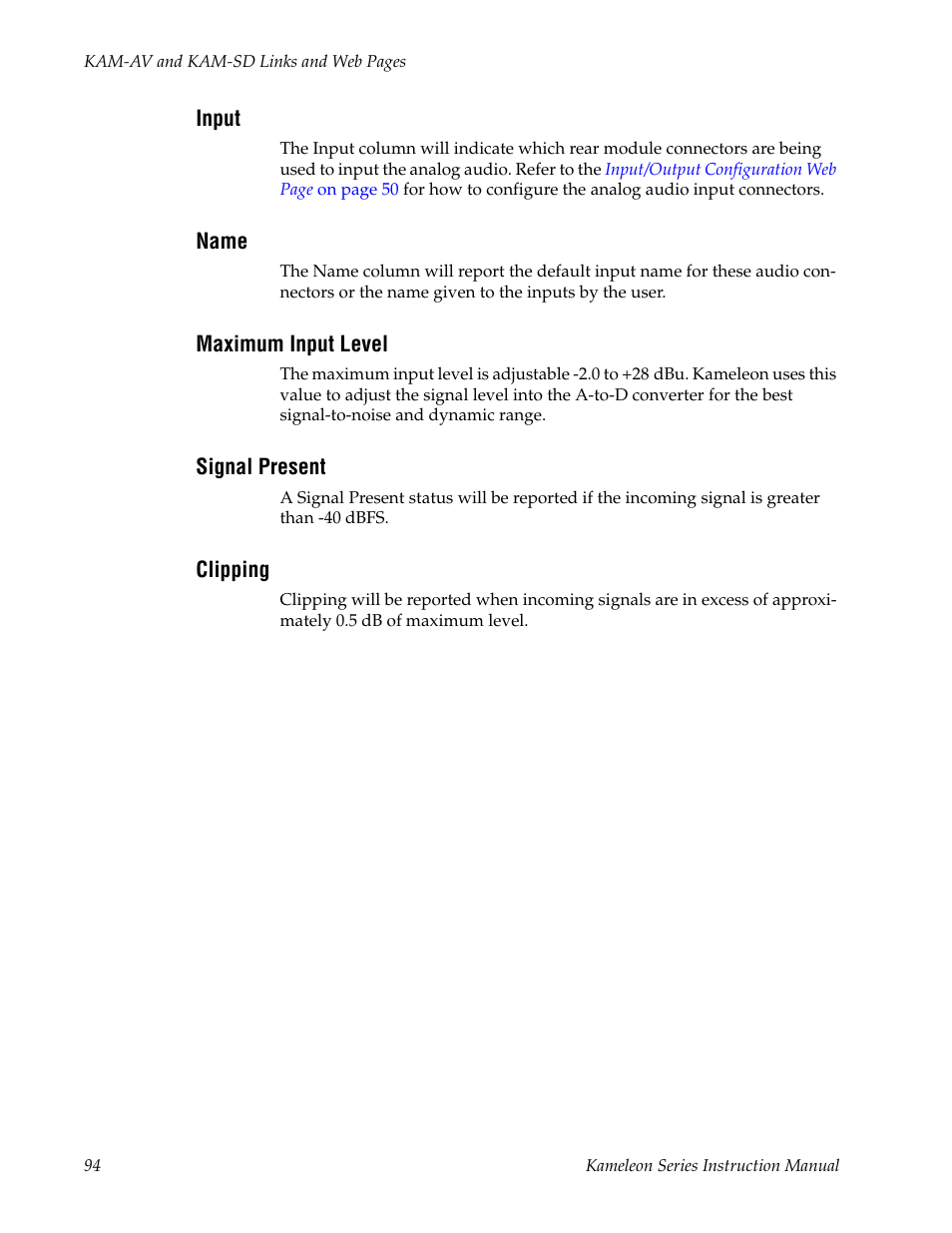 Input, Name, Maximum input level | Signal present, Clipping | Grass Valley Kameleon Series v.5.1.0 User Manual | Page 94 / 134