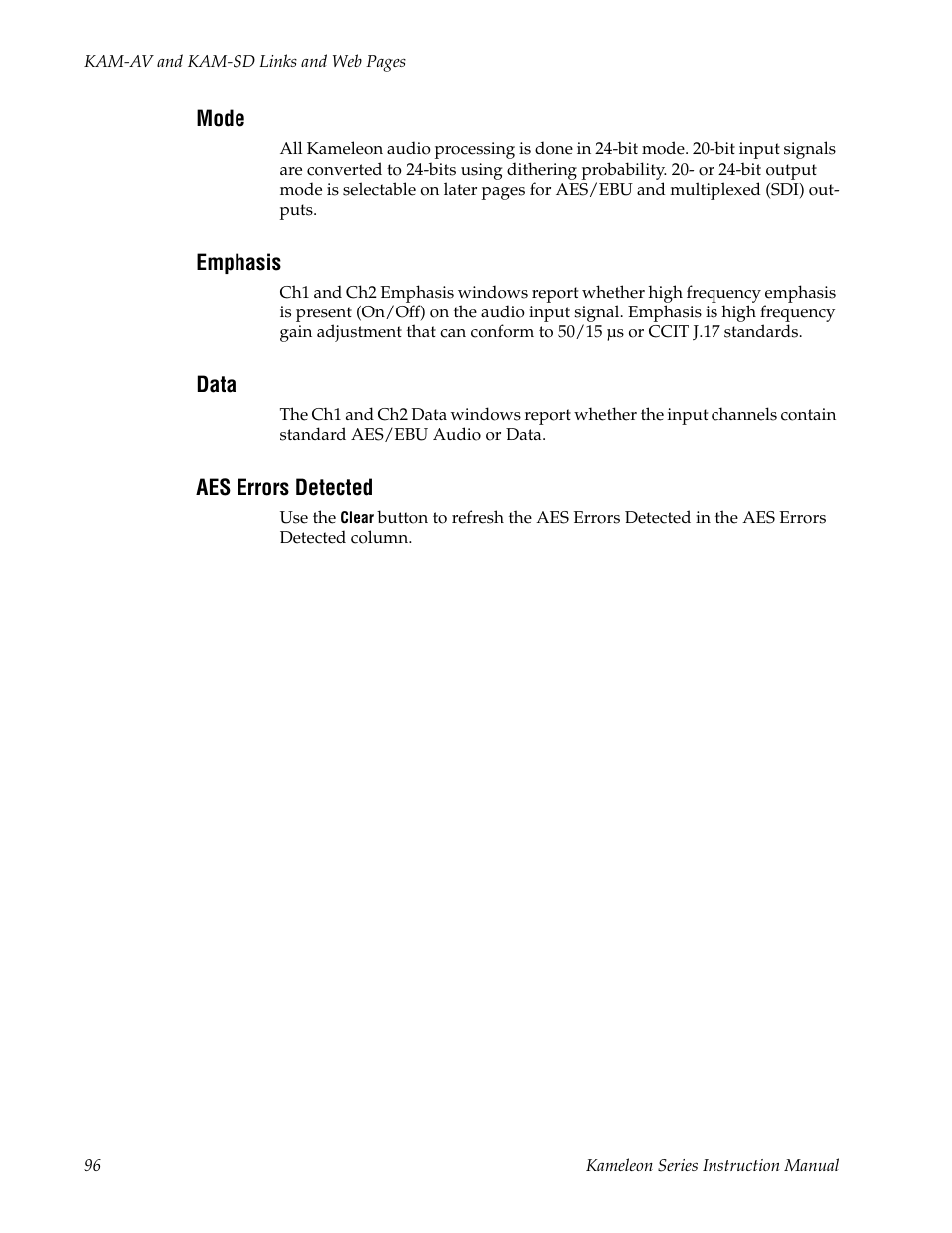 Mode, Emphasis, Data | Aes errors detected | Grass Valley Kameleon Series v.5.1.0 User Manual | Page 96 / 134