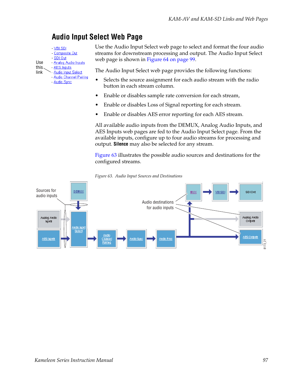 Audio input select web page | Grass Valley Kameleon Series v.5.1.0 User Manual | Page 97 / 134