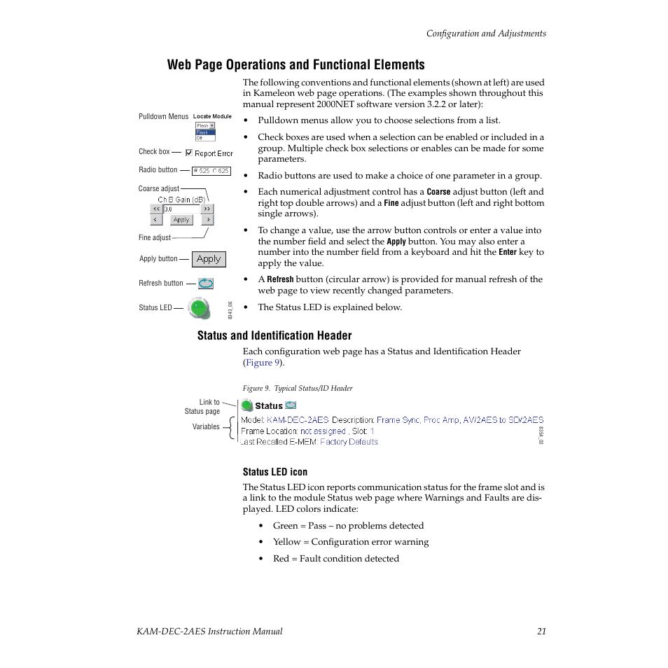 Status and identification header, Web page operations and functional elements | Grass Valley KAM-DEC-2AES v.4.0.3 User Manual | Page 21 / 72