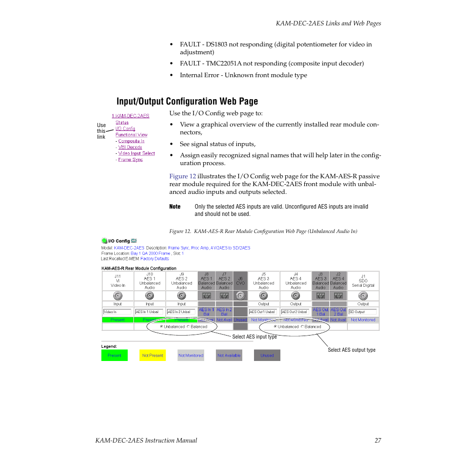 Type must be selected as explained on the, Input/output configuration web, Connect balanced or unbalanced | Unbalanced outputs must be made on the, The module and allows naming of each input, Input/output configuration web page | Grass Valley KAM-DEC-2AES v.4.0.3 User Manual | Page 27 / 72