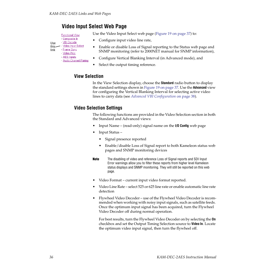 View selection, Video selection settings, And the | Video input select web page | Grass Valley KAM-DEC-2AES v.4.0.3 User Manual | Page 36 / 72