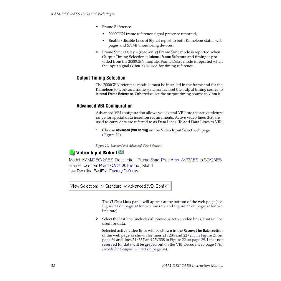 Output timing selection, Advanced vbi configuration, Lines to carry data (see | Grass Valley KAM-DEC-2AES v.4.0.3 User Manual | Page 38 / 72