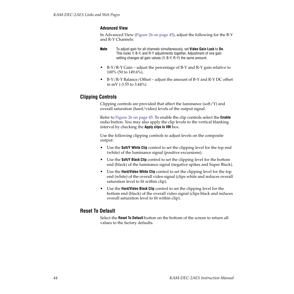 Clipping controls, Reset to default | Grass Valley KAM-DEC-2AES v.4.0.3 User Manual | Page 44 / 72