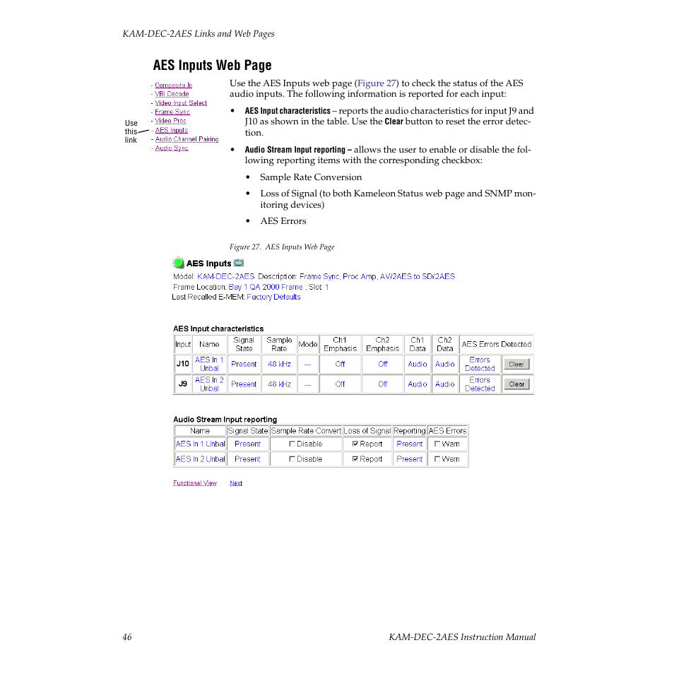 Aes inputs web page | Grass Valley KAM-DEC-2AES v.4.0.3 User Manual | Page 46 / 72