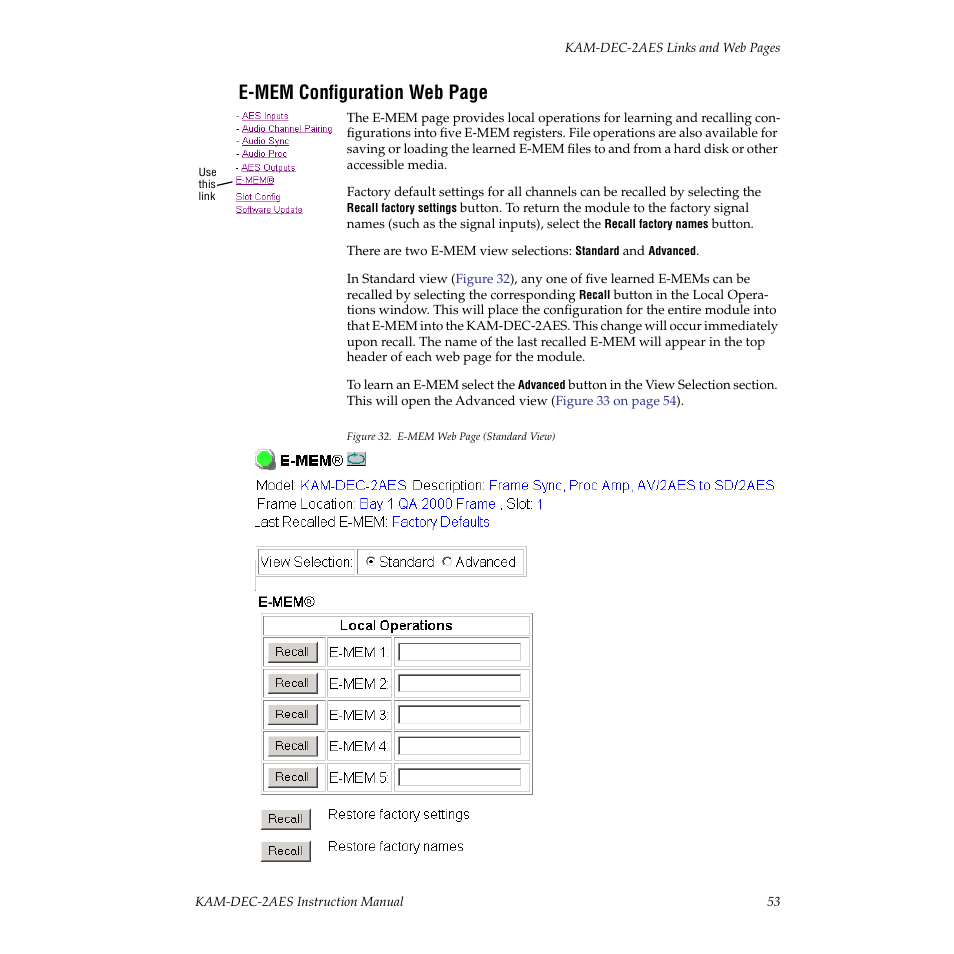 E-mem configuration web page | Grass Valley KAM-DEC-2AES v.4.0.3 User Manual | Page 53 / 72
