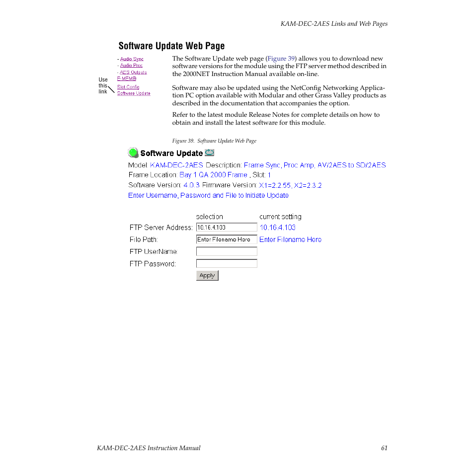 Web site, Software update web page | Grass Valley KAM-DEC-2AES v.4.0.3 User Manual | Page 61 / 72