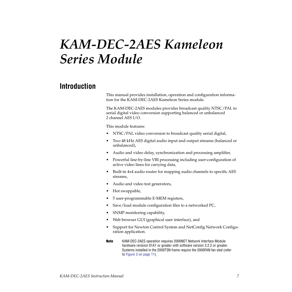 Kam-dec-2aes kameleon series module, Introduction | Grass Valley KAM-DEC-2AES v.4.0.3 User Manual | Page 7 / 72