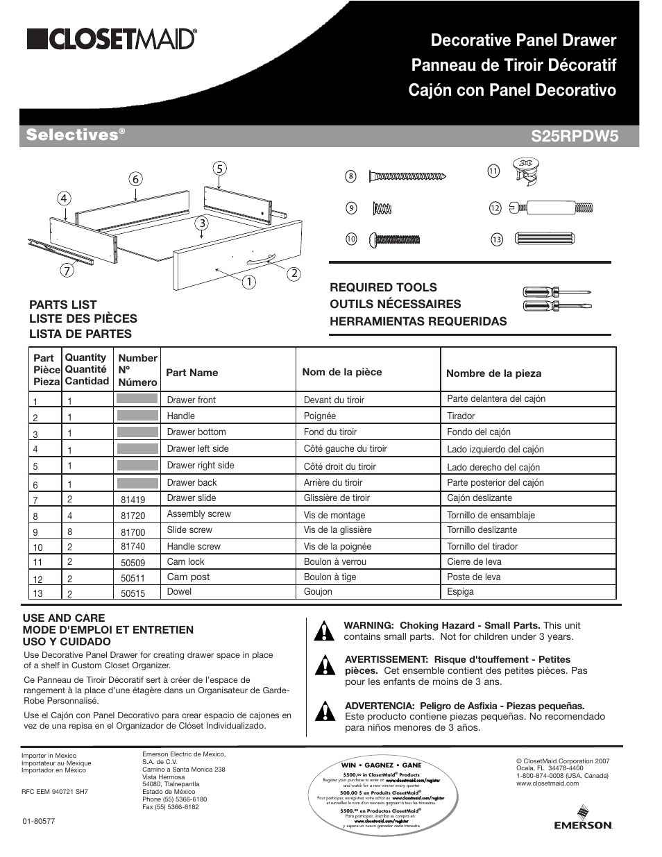 Closet Maid Decorative Panel Drawer S25RPDW5 User Manual | 4 pages