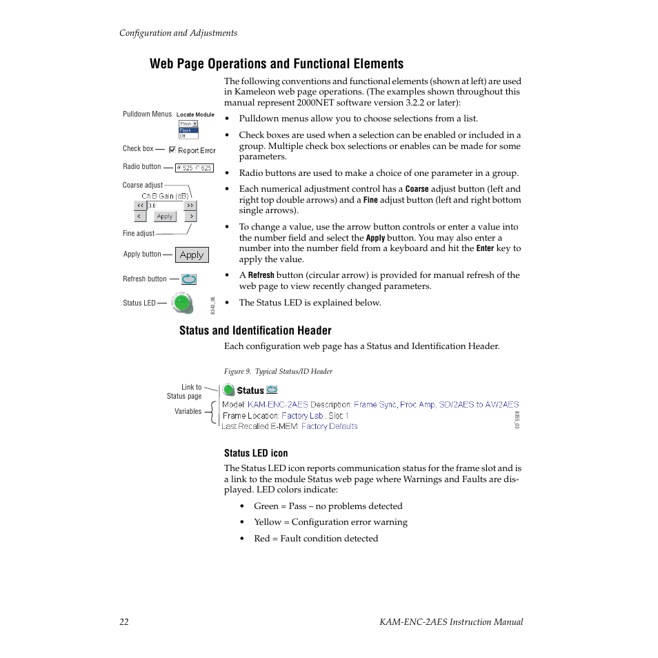 Status and identification header, Web page operations and functional elements | Grass Valley KAM-ENC-2AES v.4.0.1 User Manual | Page 22 / 76
