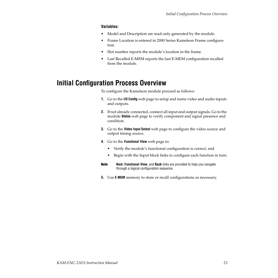 Initial configuration process overview | Grass Valley KAM-ENC-2AES v.4.0.1 User Manual | Page 23 / 76