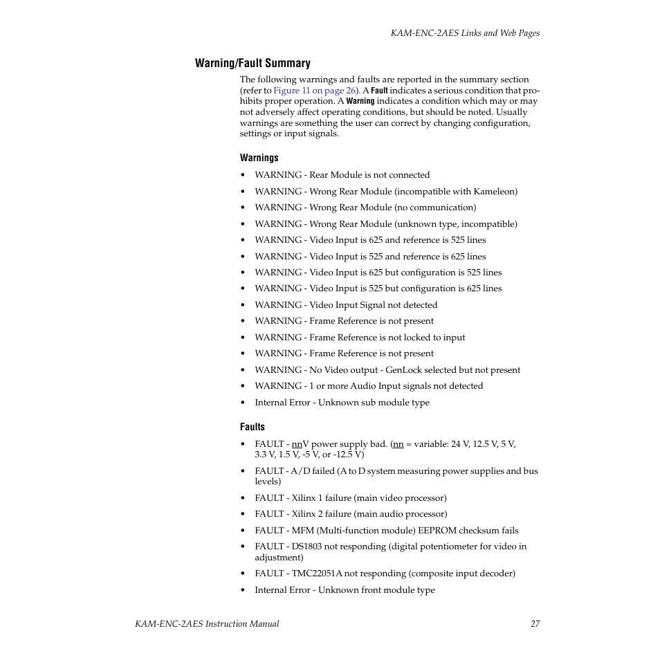 Warning/fault summary | Grass Valley KAM-ENC-2AES v.4.0.1 User Manual | Page 27 / 76
