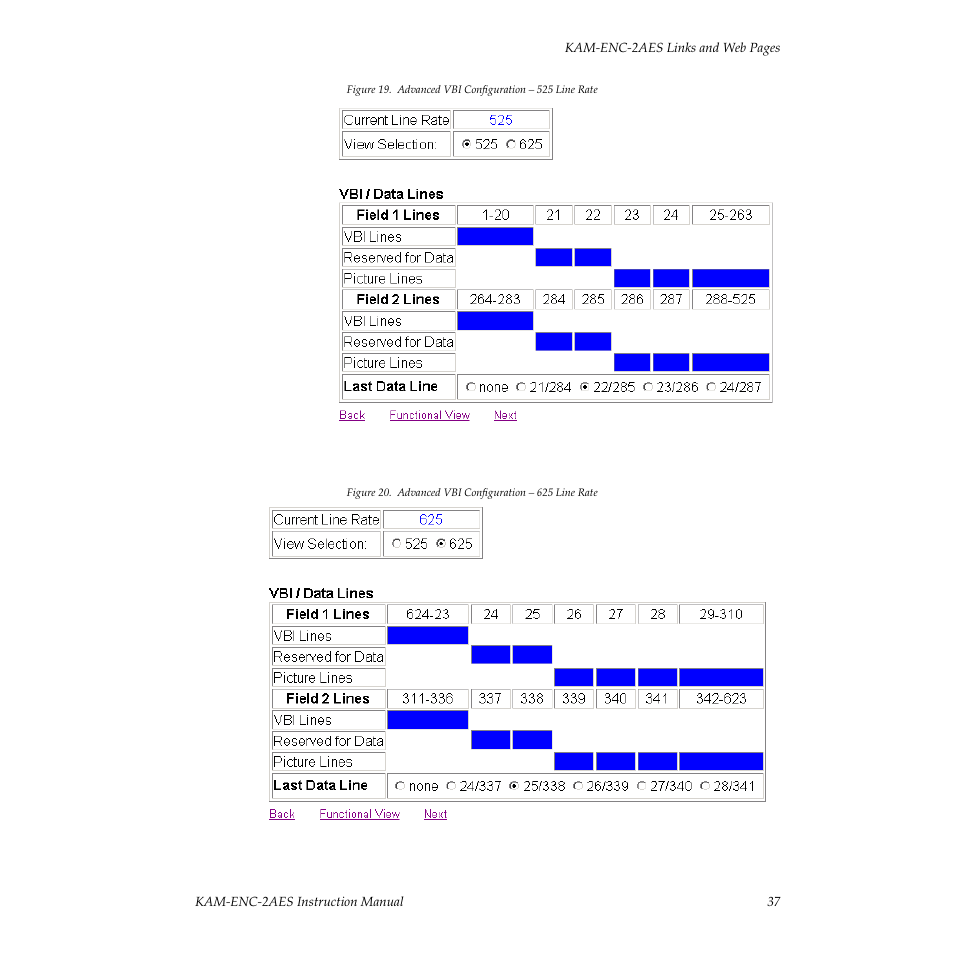 For 525 line rate and, Figure 19, 24/337 and 25/338 in | Figure 20, Lines not r | Grass Valley KAM-ENC-2AES v.4.0.1 User Manual | Page 37 / 76