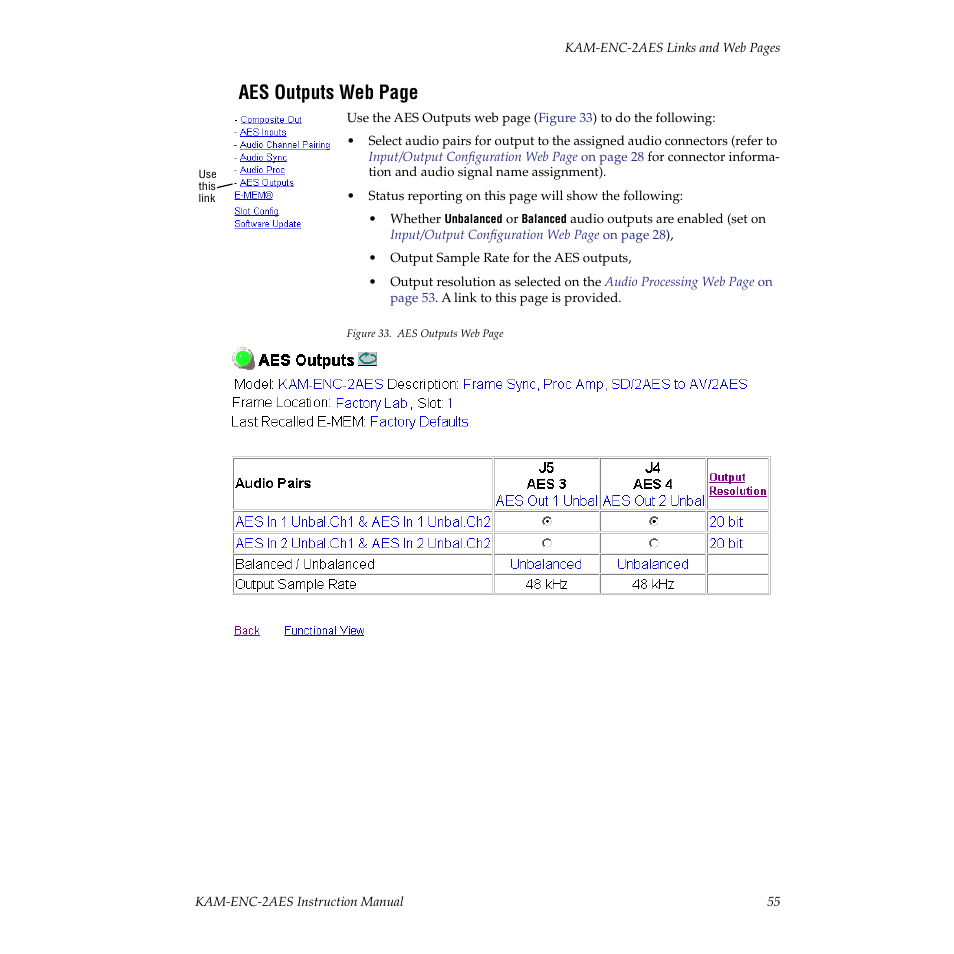 Aes outputs web page | Grass Valley KAM-ENC-2AES v.4.0.1 User Manual | Page 55 / 76