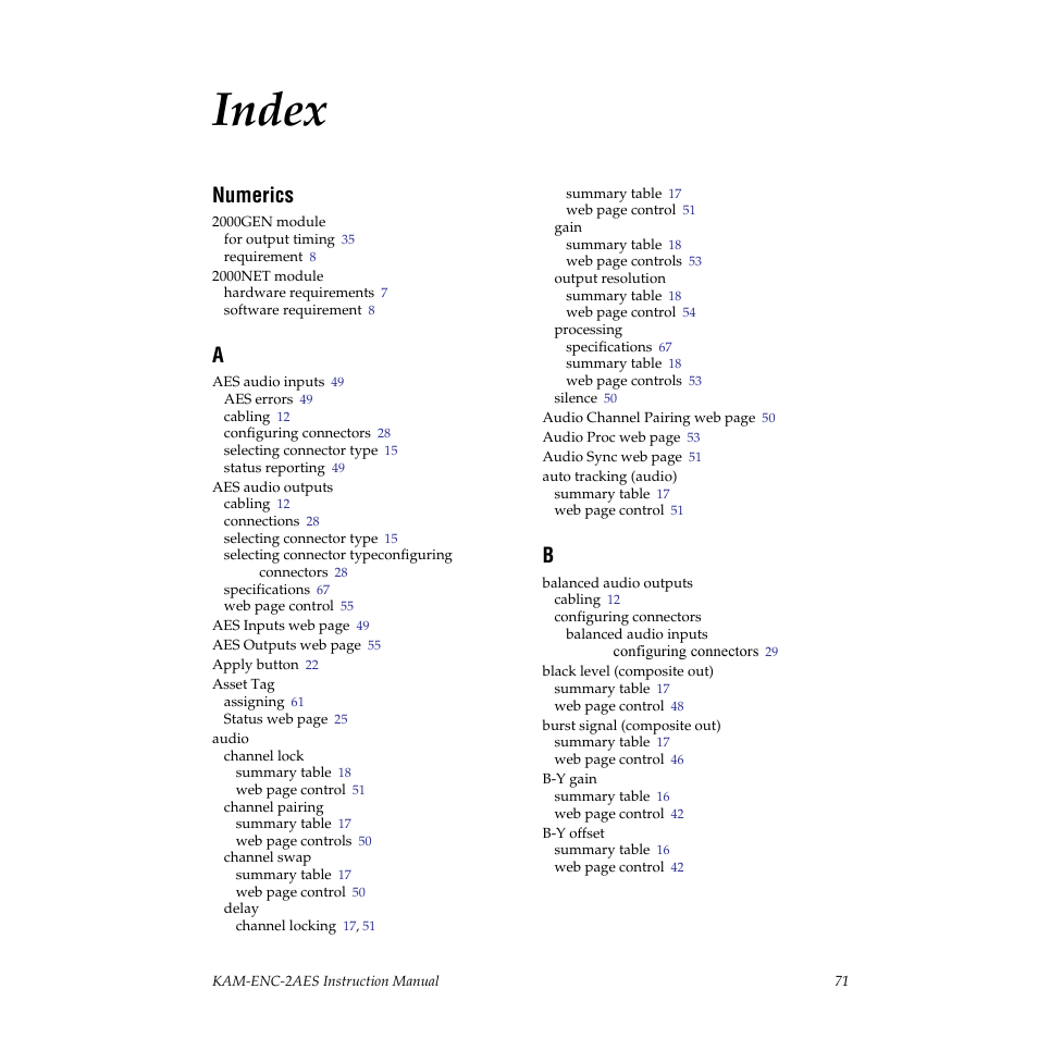 Index, Numerics | Grass Valley KAM-ENC-2AES v.4.0.1 User Manual | Page 71 / 76