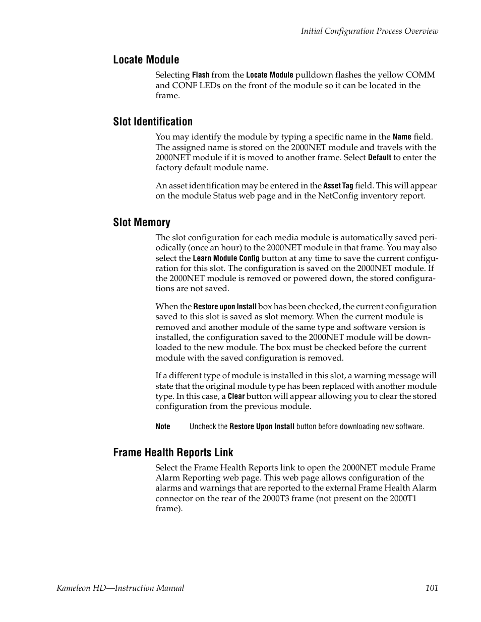 Locate module, Slot identification, Slot memory | Frame health reports link | Grass Valley Kameleon HD Multi-Function Modules v.2.5.0 User Manual | Page 101 / 114