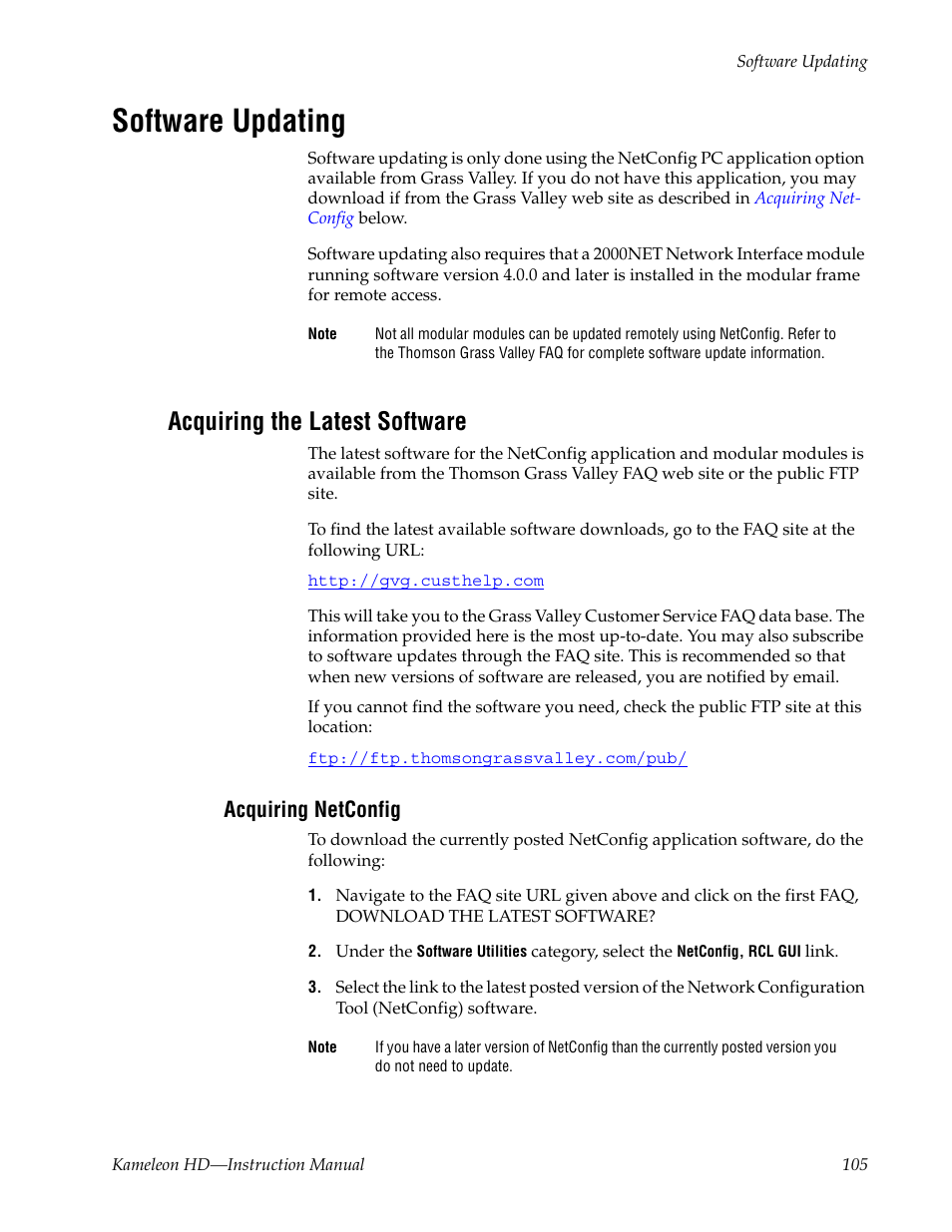 Software updating, Acquiring the latest software, Acquiring netconfig | Grass Valley Kameleon HD Multi-Function Modules v.2.5.0 User Manual | Page 105 / 114