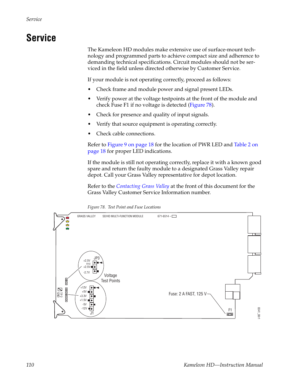 Service | Grass Valley Kameleon HD Multi-Function Modules v.2.5.0 User Manual | Page 110 / 114