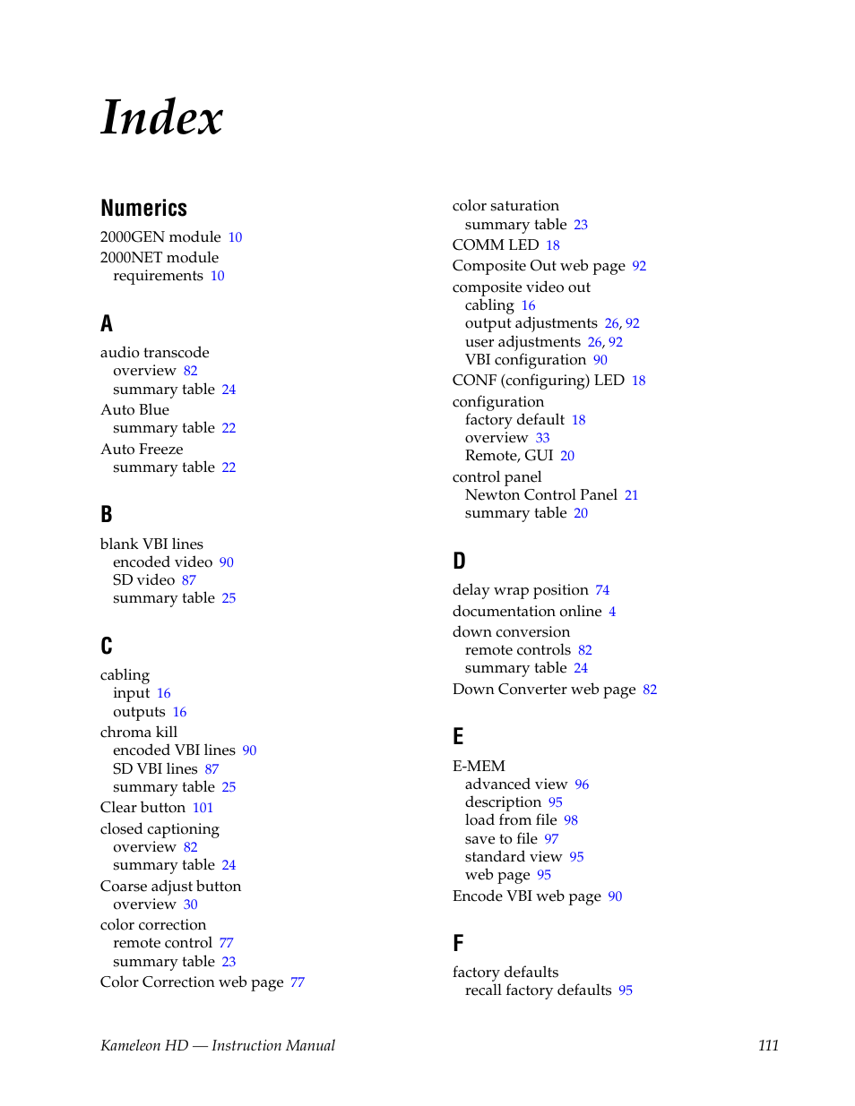 Index, Numerics | Grass Valley Kameleon HD Multi-Function Modules v.2.5.0 User Manual | Page 111 / 114