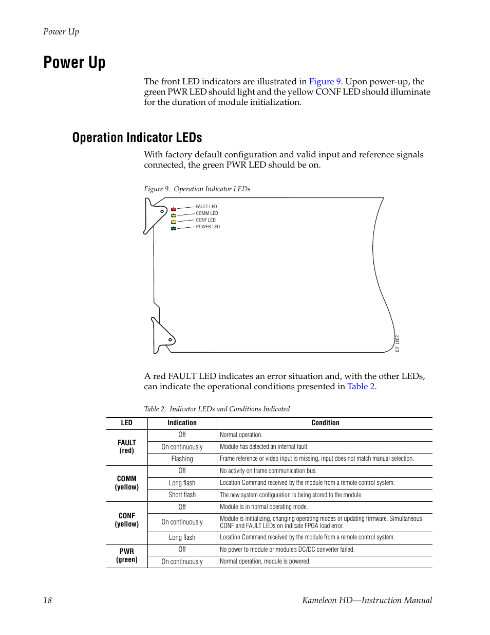 Power up, Operation indicator leds | Grass Valley Kameleon HD Multi-Function Modules v.2.5.0 User Manual | Page 18 / 114