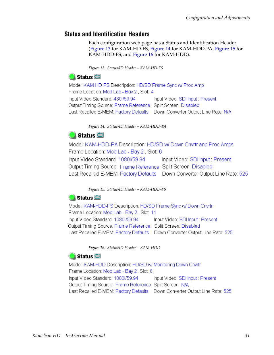 Status and identification headers | Grass Valley Kameleon HD Multi-Function Modules v.2.5.0 User Manual | Page 31 / 114