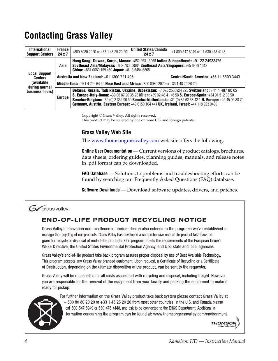 Contacting grass valley | Grass Valley Kameleon HD Multi-Function Modules v.2.5.0 User Manual | Page 4 / 114