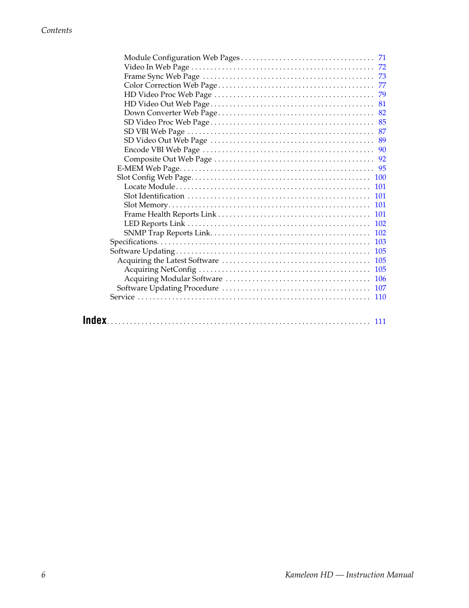 Index | Grass Valley Kameleon HD Multi-Function Modules v.2.5.0 User Manual | Page 6 / 114