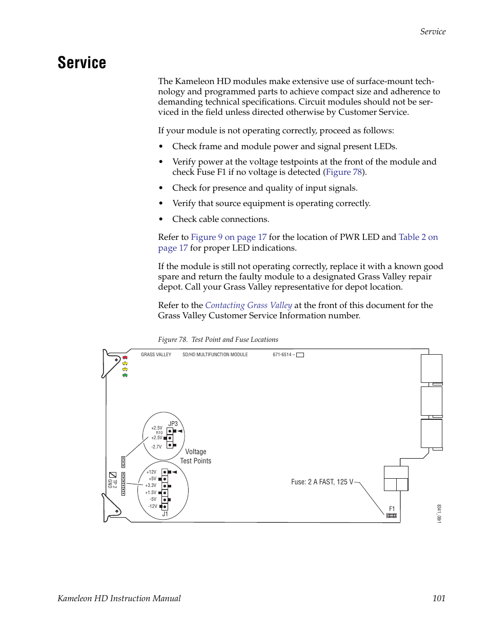 Service | Grass Valley Kameleon HD Multi-Function Modules v.2.1.0 User Manual | Page 101 / 110