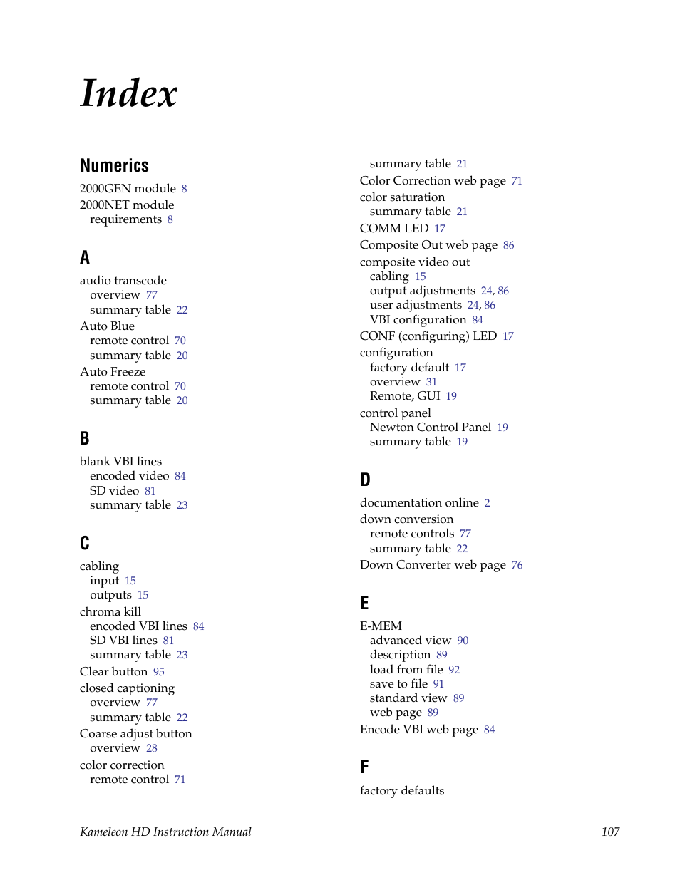 Index, Numerics | Grass Valley Kameleon HD Multi-Function Modules v.2.1.0 User Manual | Page 107 / 110