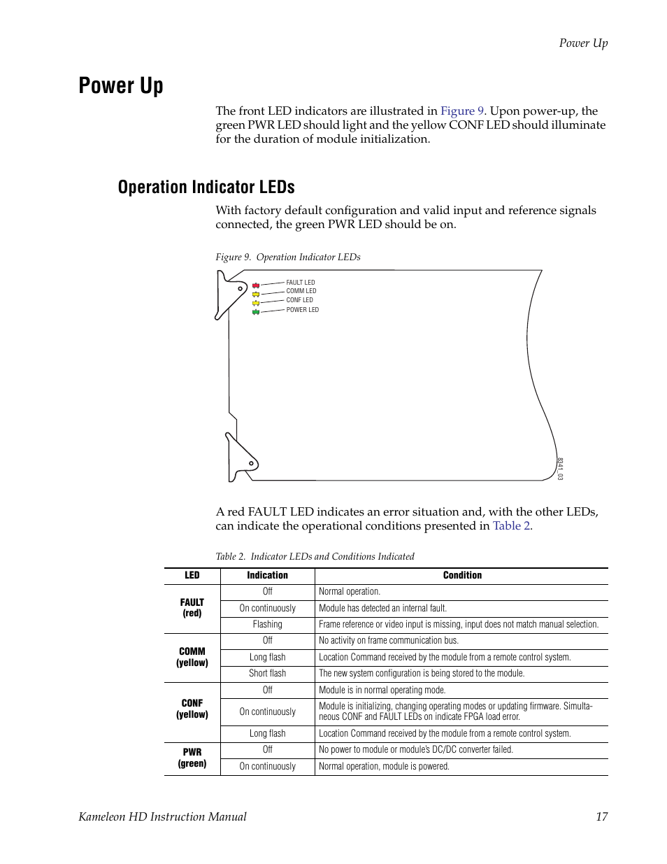 Power up, Operation indicator leds, Ocess (see | Grass Valley Kameleon HD Multi-Function Modules v.2.1.0 User Manual | Page 17 / 110