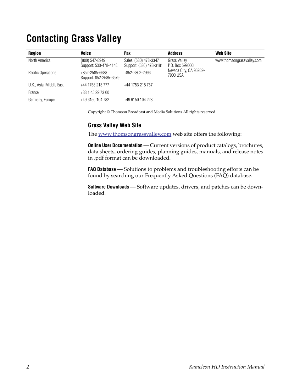 Contacting grass valley | Grass Valley Kameleon HD Multi-Function Modules v.2.1.0 User Manual | Page 2 / 110